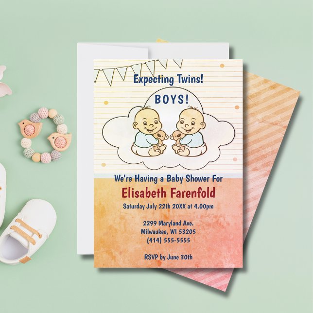 Invitation Twin Boys Cloud Baby shower Retro (Expecting Twin Boys Cloud Baby Shower Retro Invitation)