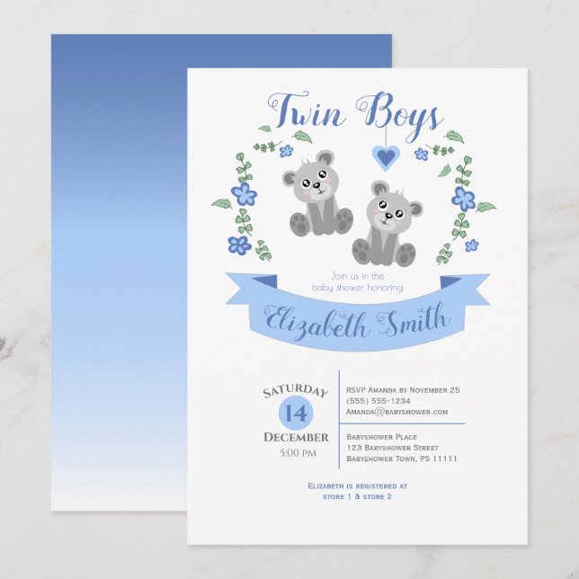 Invitation Twin Boys Cute bear babyshower (Devant / Derrière)