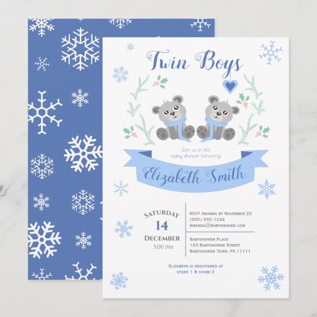Invitation Twin Boys Cute bear bear winter shower (Devant / Derrière)