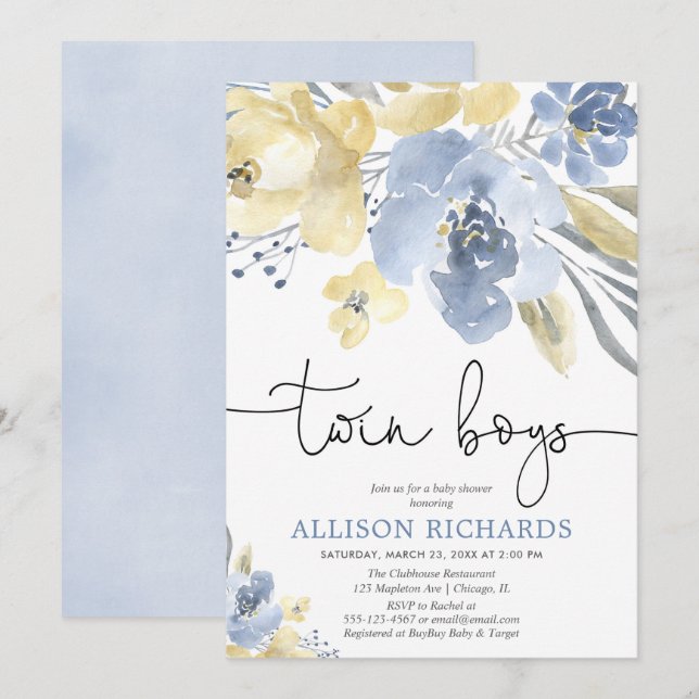 Invitation Twin boys Dusty bleu jaune baby shower floral (Devant / Derrière)