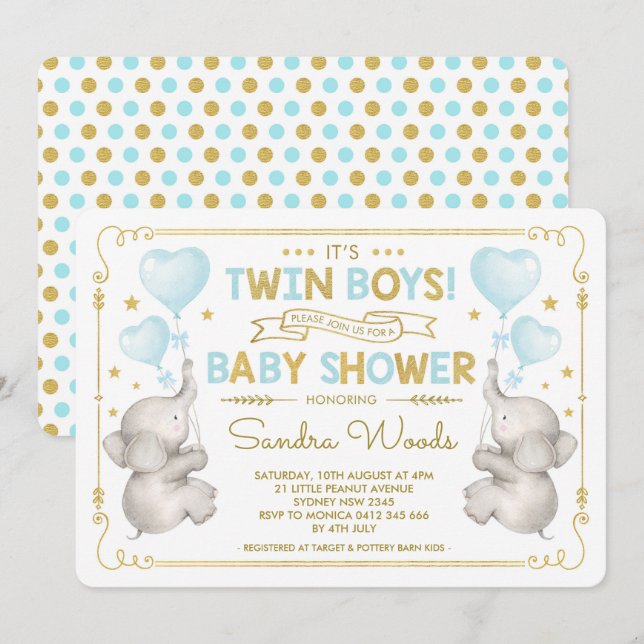 Invitation Twin Boys Elephant Baby shower Blue Gold Jungle (Devant / Derrière)