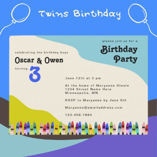 Invitation Twin Boys Retro 70's Floral Birthday Party