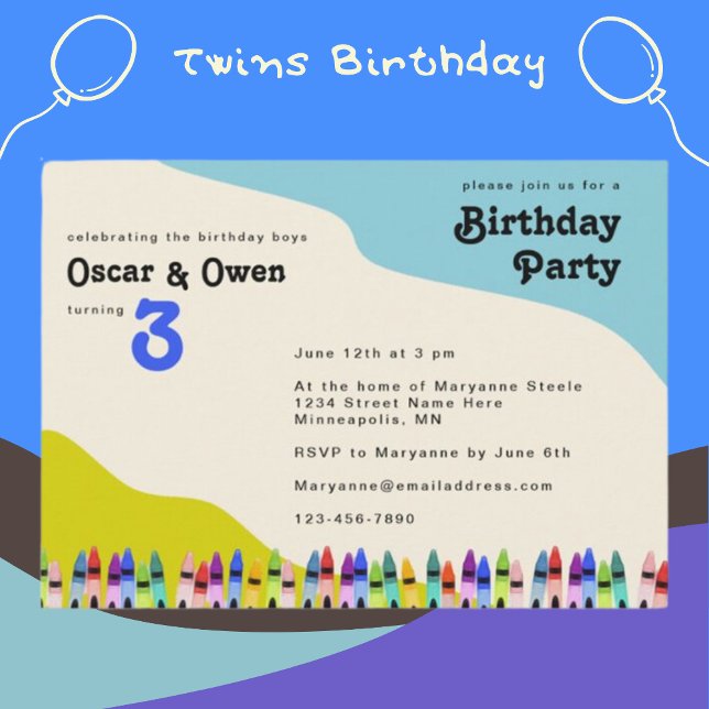 Invitation Twin Boys Retro 70's Floral Birthday Party (Créateur téléchargé)