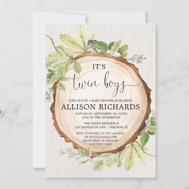 Invitation Twin boys Rustic extérieur garçon jumeaux baby sho (Devant)
