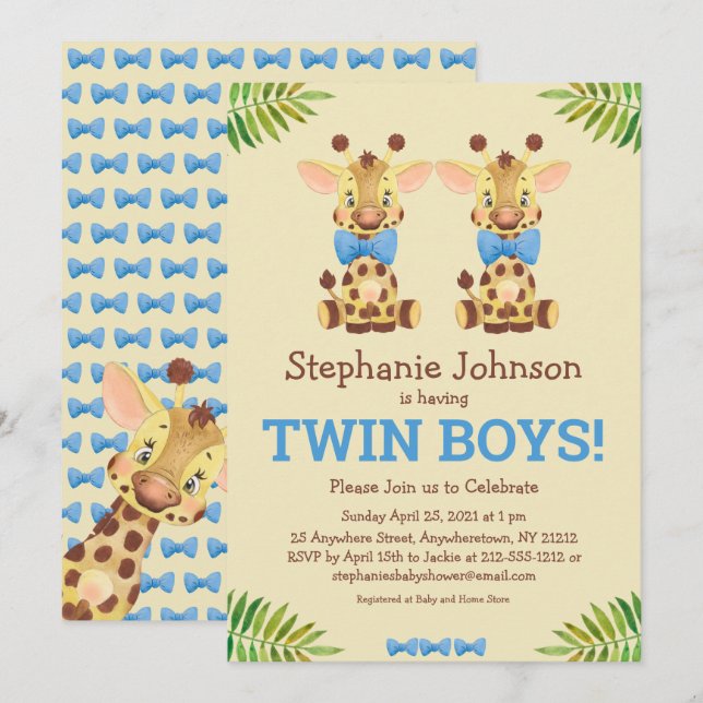 Invitation Twin Boys Safari Giraffe Baby shower mignon (Devant / Derrière)