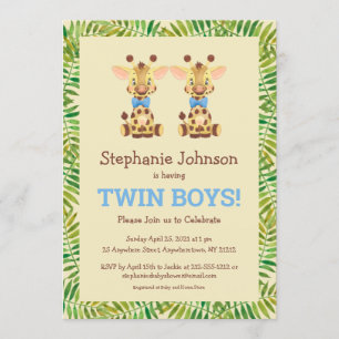Invitation Twin Boys Safari Giraffe Cute Baby shower