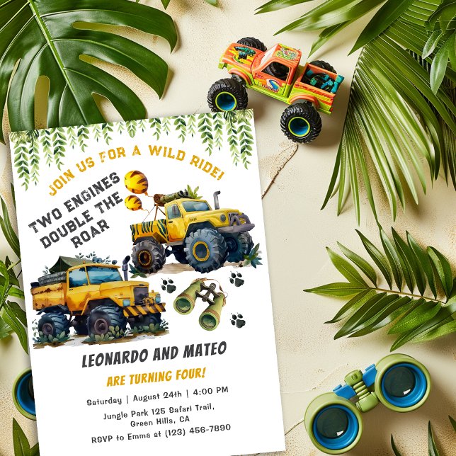 Invitation Twin Boys Safari Jungle Monster Camion Anniversair (Créateur téléchargé)