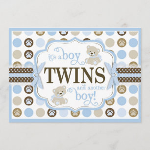 Invitation Twin Boys Teddy Bear Baby shower Blue