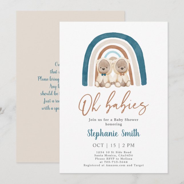 Invitation Twin Boys Teddy Bear Rainbow Baby shower (Devant / Derrière)