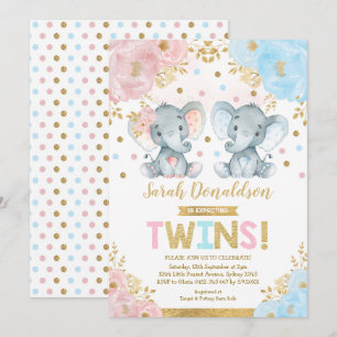 Invitation Twin Elephant Baby shower garçon & fille jumeaux