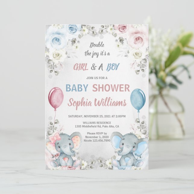 Invitation Twin Elephant Baby shower garçon & fille jumeaux (Debout devant)