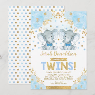 Invitation Twin Elephant Boys Petit Baby shower Gentlemen