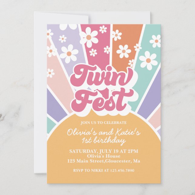 Invitation Twin Fest Rainbow Sunshine Daisy 1er anniversaire (Devant)