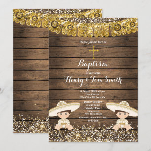 Invitation Twin Fiesta Boy Twin Baptising Christening Wood