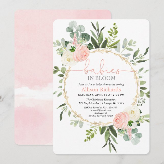 Invitation Twin filles bébés en fleurs doré rose verdure (Devant / Derrière)