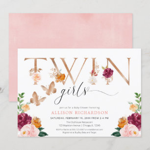 Invitation Twin filles papillon rose or rose rose élégant flo