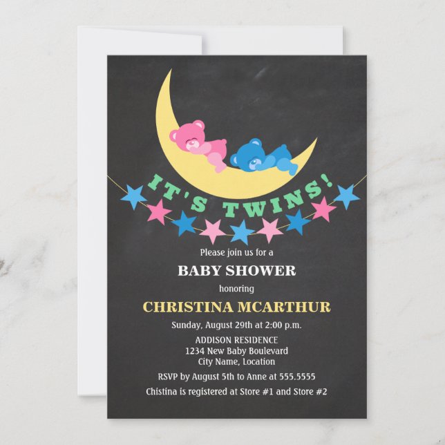 Invitation Twin Girl and Boy Teddy Bear Baby shower (Devant)