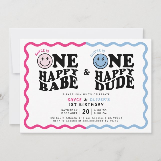 Invitation Twin Girl Boy One Happy Babe & Dude 1er anniversai (Devant)