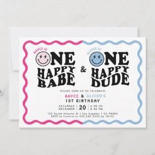 Invitation Twin Girl Boy One Happy Babe & Dude 1er anniversai