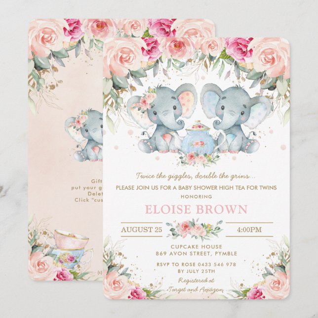 Invitation Twin Girl Elephant Rose Floral Tea Baby shower (Devant / Derrière)
