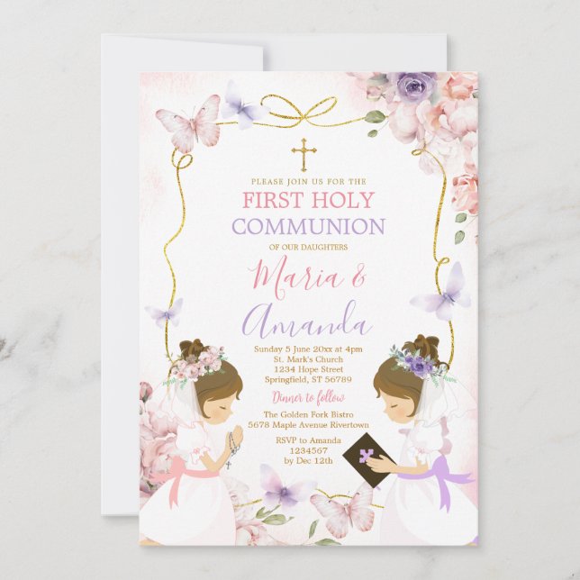 Invitation Twin Girl Rose Purple Papillon 1ère Sainte Communi (Devant)