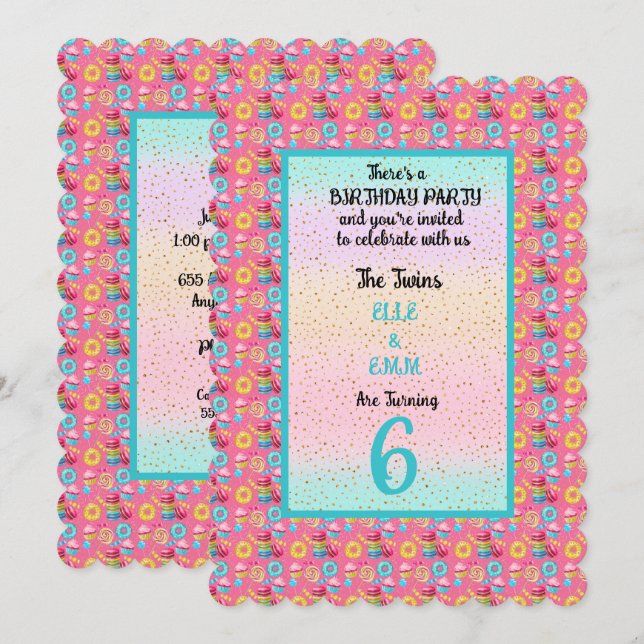 Invitation Twin Girls 6e fête d'anniversaire (Devant / Derrière)