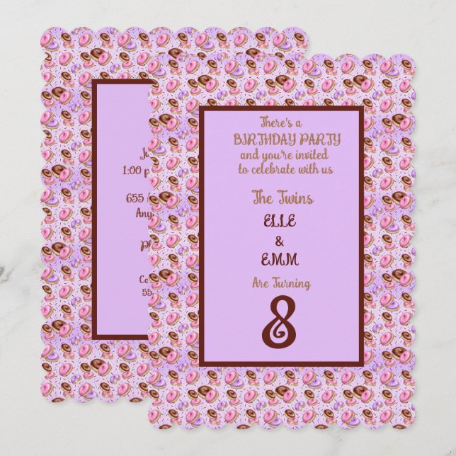Invitation Twin Girls 8e fête d'anniversaire (Devant / Derrière)