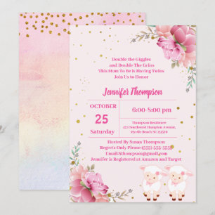Invitation Twin Girls Agneaux roses