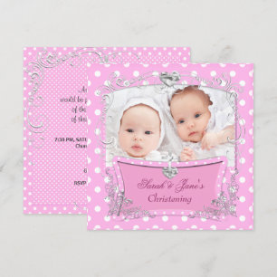 Invitation Twin Girls Baby Christening Baptême rose