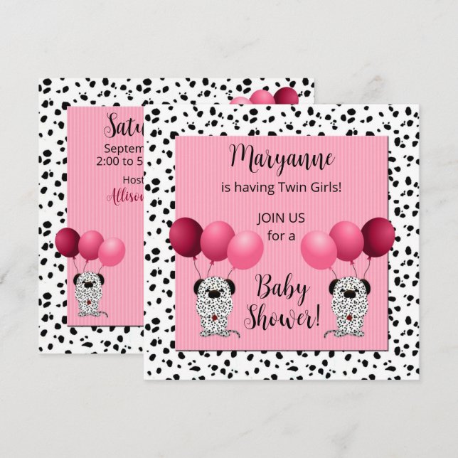 Invitation Twin Girls Baby shower dalmate rose (Devant / Derrière)