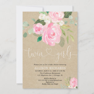 Invitation Twin Girls baby shower rustique rousse rose floral