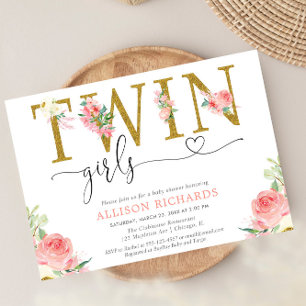 Invitation Twin girls blush rose or baby shower floral