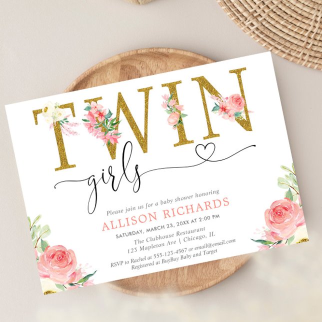 Invitation Twin girls blush rose or baby shower floral (Créateur téléchargé)