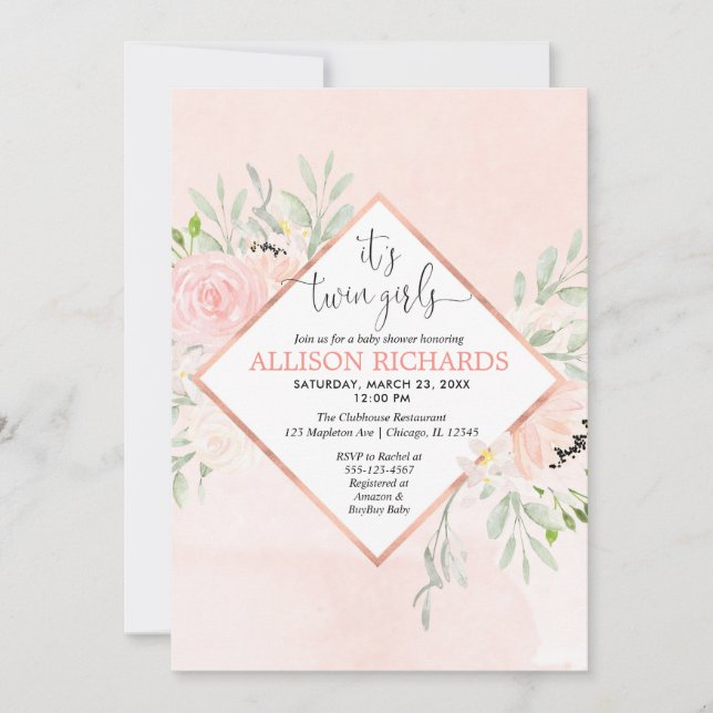 Invitation Twin girls Blush rose rose rose rose baby shower f (Devant)