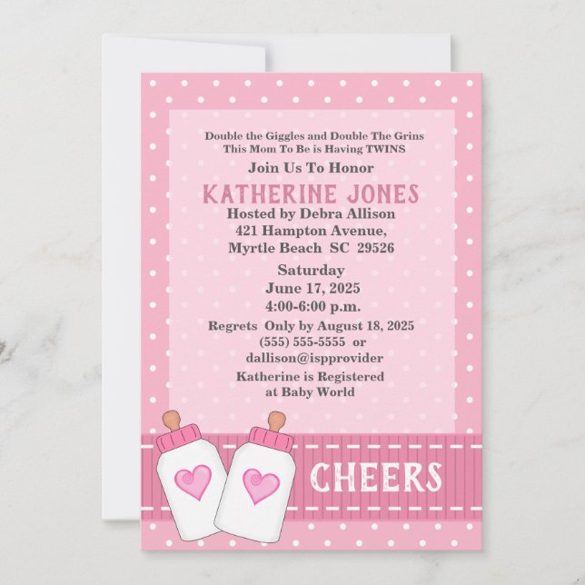 Invitation Twin Girls Cheers Lait Bouteilles Baby shower (Devant)