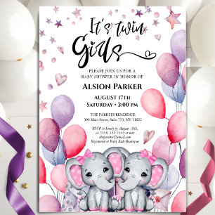 Invitation Twin Girls Elephant rose Ballons mignon Baby showe