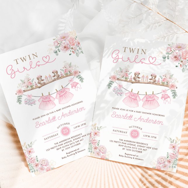 Invitation Twin Girls Pink Baby Clothes Baby shower fille (Créateur téléchargé)