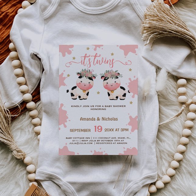Invitation Twin Girls Pink Boho Saint Baby shower de la vache (Créateur téléchargé)