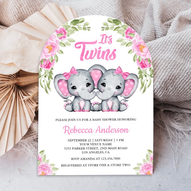 Invitation Twin Girls Rose Floral Elephant Arch Baby shower (Créateur téléchargé)