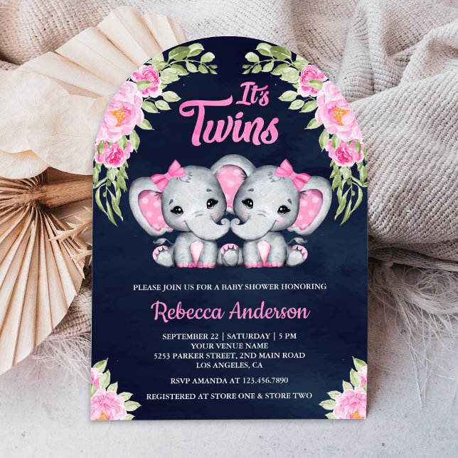 Invitation Twin Girls Rose Floral Elephant Baby shower Marine (Créateur téléchargé)