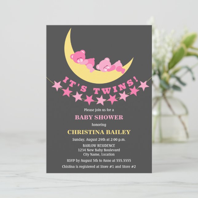 Invitation Twin Girls Teddy Bear Baby shower (Debout devant)