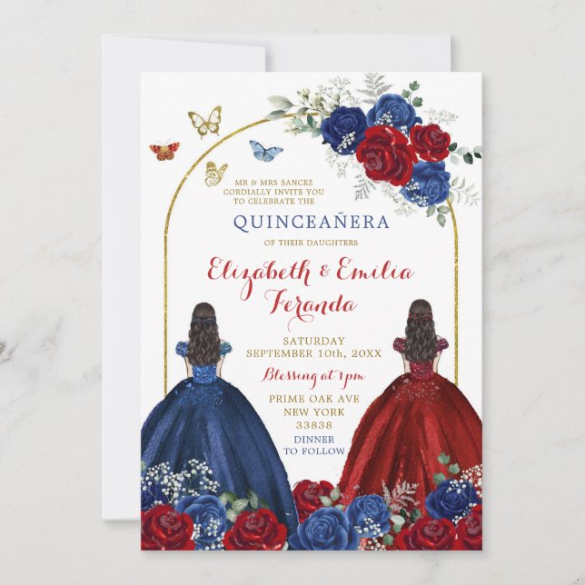 Invitation Twin Marine Blue Rose Princesses Quinceañera (Devant)