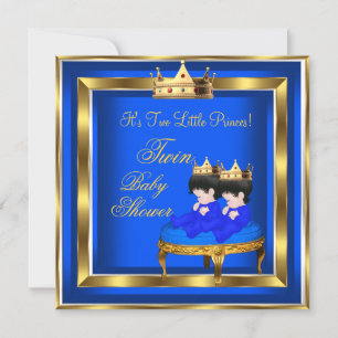 Invitation Twin Prince Baby shower Blue Gold Boy Crown 3a