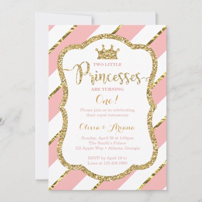 Invitation Twin Princesses Anniversaire Invitation, Rose, Or (Devant)
