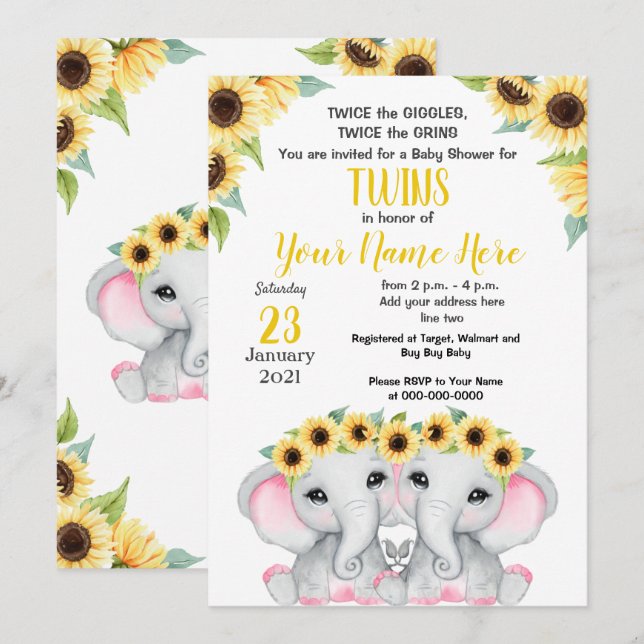 Invitation TWIN Sunflower Girls Elephant Jaune Douche rose (Devant / Derrière)