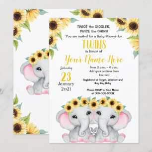 Invitation TWIN Sunflower Girls Eléphant Jaune Douche rose