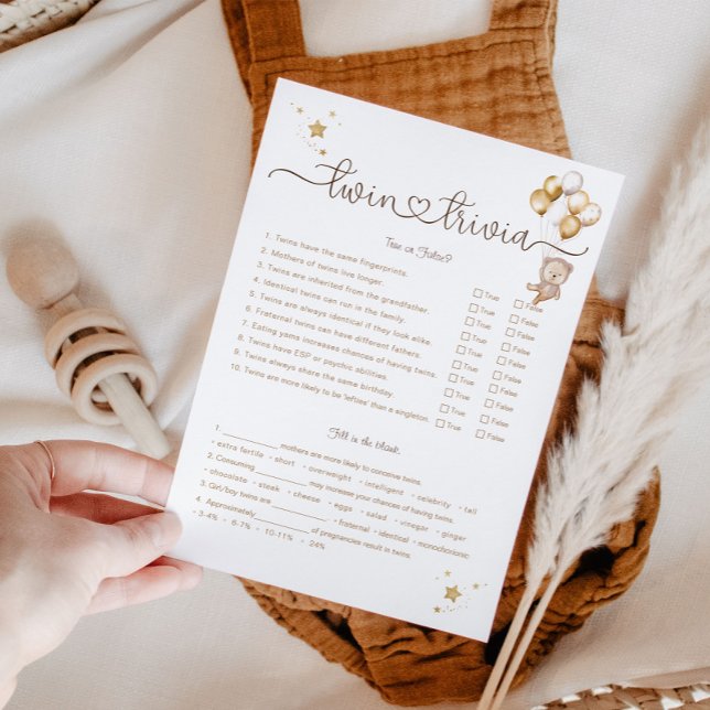 Invitation Twin Trivia Jeu Teddy Bear Gold Balloons Stars (Créateur téléchargé)