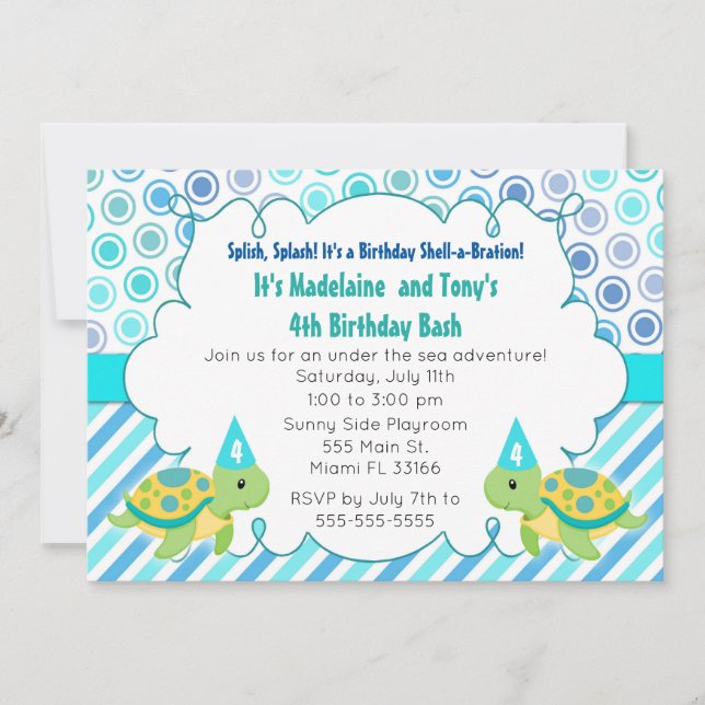 Invitation Twin Turtle Girl Boy Birthday Party (Devant)