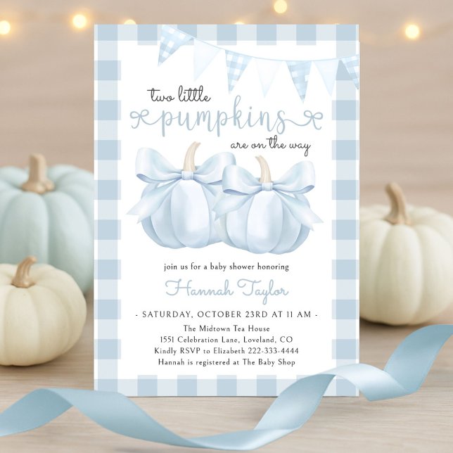 Invitation Twin Two Little Citrouille Blue Bow Baby shower (Créateur téléchargé)