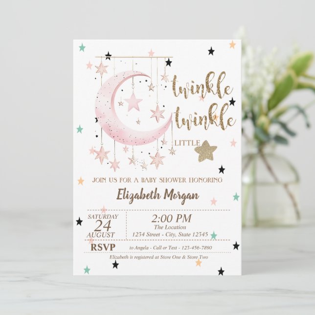 Invitation Twinkle, Baby shower Lune aux étoiles roses (Debout devant)